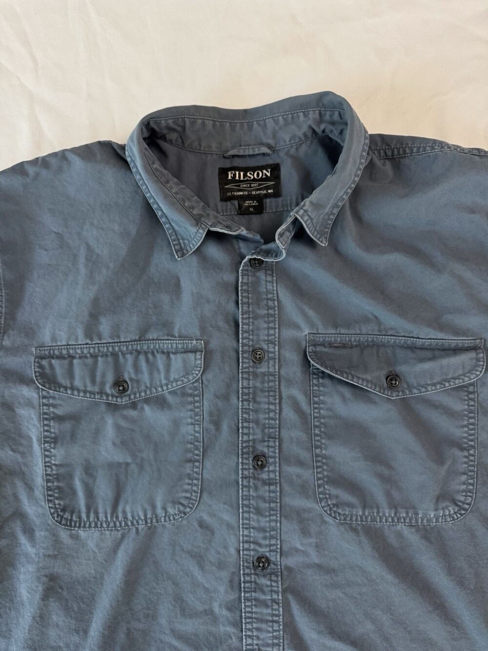 Filson Mens XL Field Shirt Short Sleeve Petrol Blue Cotton Workwear Button Up